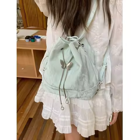 Women Mint Green Butterfly Drawstring Backpack Lady New Korean Style Jacquard Mini Bucket Bag Female