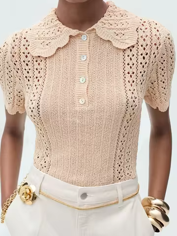 Women's short-sleeved button-down slim-fit pullover sweater with polo collar and Peter Pan collar, n