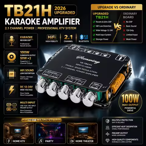 YS-TB21H 2.1 Channel Amplifier Board HiFi Stereo DSP Karaoke Reverb Audio Module 50W×2+100W DC12-24V