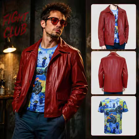 Men Red Leather Jacket Fight Club Tyler Durden Cosplay Costume PU Coat T-shirt Glasses Suit Hallowee