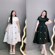 Women's short-sleeved round neck flared dress with long bow, soft and smooth ribbed elastic, lovely 