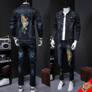 Jeans Men Coat Embroidery L.elaki Denim Suit Autumn dan Winter Versi Korea Baru Trend Pelajar Jaket Tampan Tiger Corak Dua keping lelaki