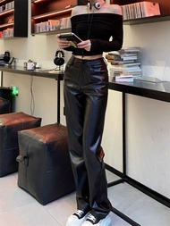 Quần Dài Ống Rộng Cạp Cao Bằng Da PU Màu Đen Cho Nữ Mùa Thu 2025 Cỡ Lớn Đa Năng Quần Dài Ống Rộng Dà