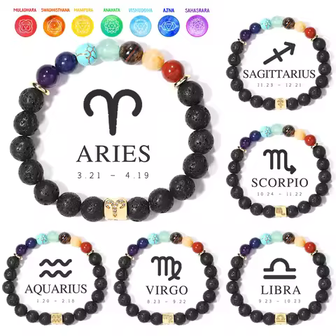 12 Zodiac Bracelet 7 Chakra Bracelet Stainless Steel Energy Natural Volcanic Stone Beads 8mm Men's B