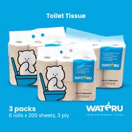 Wateru Toilet Tissue 3 packs 6 rolls x 200 sheets 3 ply | Natural & Unbleached | Wateru Premium Bamb
