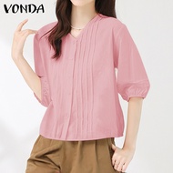 VONDA เสื้อเบลาส์แขนพองคอวีลำลองของผู้หญิงเสื้อเบลาส์แขนปานกลางเสื้อมีจีบหลวม (ลำลองเกาหลี)