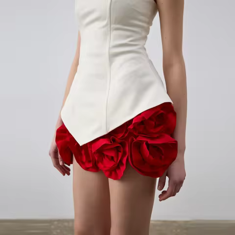 Garden Bloom Red Short Women Skirts Zipper Waistband Handmade Flower Mini Skirts Many Color Availabl