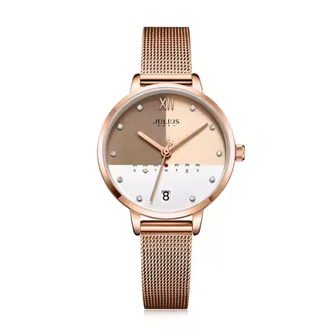 Julius Watch Stainless Steel Mesh Band Elegant Women's Business Watch With Calendar Day Rose Gold Mu