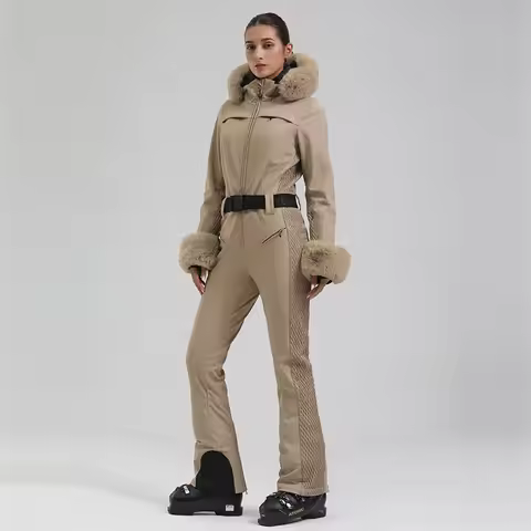 GSOU SNOW Ski Suit Women One Piece Snowsuit Slim Ski Jumpsuit Faux Fur Snowboard Waterproof Windproo