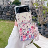 เคสโทรศัพท์มือถือแบบแข็ง ใส ลายดอกไม้ ไฮเดรนเยียน่ารัก พร้อมสายคล้องมือคริสตัล สําหรับ Samsung Galaxy Z Flip4 3 2 1 5G