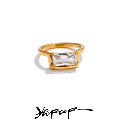 Yhpup Delicate AAA Shiny Cubic Zirconia Rectangle Golden Ring Water Resistant Stainless Steel Premiu