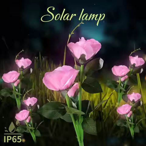 1PC Solar Rose Flower LED Stake Light, 3-Head Waterproof Outdoor Decorative Lamp for Garden Lawn Yar