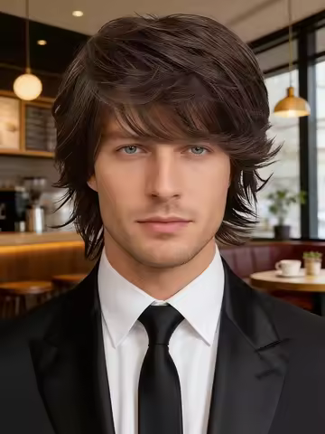 Brown Layered Wolf Cut Wig for Men, Natural Synthetic Hair with Textured Fringe for Daily and Cospla