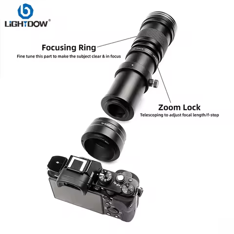 Lightdow 420-800mm F8.3-F16 Manual Zoom Super Telephoto Lens with T Mount Ring for Nikon Canon Sony 