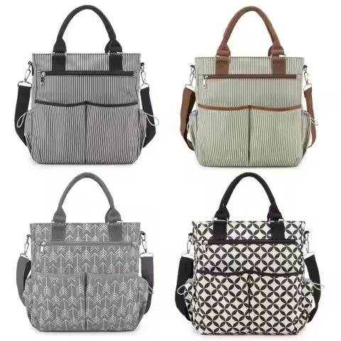 Striped Mommy Bag - Large Capacity with Multiple Dividers - Shoulder Bag for Holding Diapers - Porta