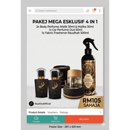 PAKEJ MEGA ESKLUSIF 4 IN 1 : 2x BODY PERFUME [ MALIK MALIKA ] + 1x CAR PERFUME + 1x FABRIC FRESHENER