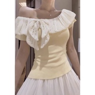 Yueyue YY French Pure Desire Style Hot Girl One-Shoulder Beaded Bow Short-Sleeved T-Shirt Women Summ