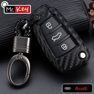 【Mr.key】Audi Carbon Fiber Pattern Silicone Key Protection Cases For Audi Sline A3 A5 Q3 Q5 A6 C5 C6 A4 B6 TT 80 S6 3 Buttons Flip Key