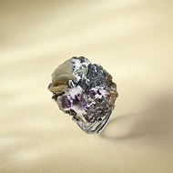 黑色水晶活口戒指 隨形原石標本共生紫水晶拉長石手工指環 S925銀