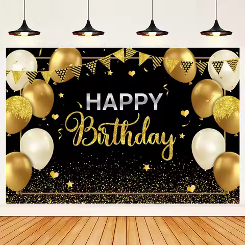 2D FLAT banner Background cloth Banner Party Birthday Party background Happy Black Gold Balloon Cham