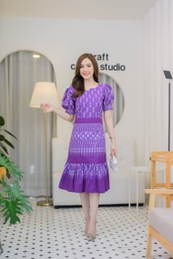 ชุดเดรสผ้าไทยชุดเดรสใส่ทำงานผ้าฝ้ายพิมพ์ลายผ้าฝ้ายเชียงใหม่สวยๆ