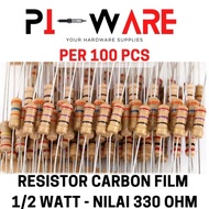 Paket Isi 100 Pcs Resistor Carbon Film 1/2 0.5 Watt Nilai 330 ohm 330R