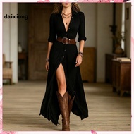 <daixiong> Collared Shirt Dress Women Western Cowgirl Dress Boho Women’s Maxi Dress with Belt Button