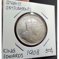 Malaya Brotish Borneo Straits Settlements King Edwards VI Old Silver Coin 50 Cents Year 1908 ( Origi