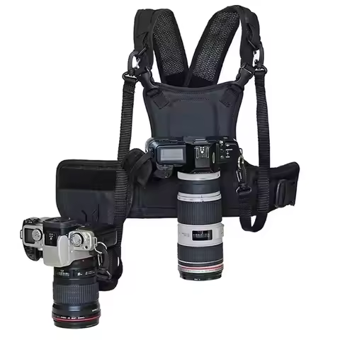 Dual Shoulder Camera Harness for 2 Cameras, Carrier Chest Vest with Side Holster for Canon 6D 600D 5