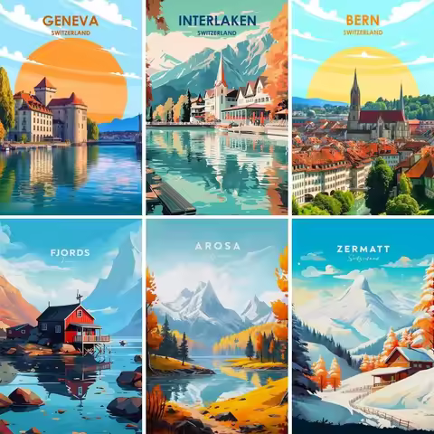 5D Diy Diamond Painting Square Drill Retro Travel Wall Art Switzerland Diamont Embroidery Full Squar