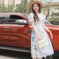 Callene elegant lace puff sleeve floral chiffon dress (CC444)