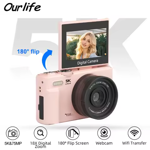 Ourlife Compact Vlog Travel Camara 180° Screen 5K Digital Camera Built in Flash Multifunctional Ligh