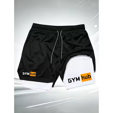 Men's GYM hub 2 in 1 Double Layer Gym Shorts Quick Dry Compression Liner Athletic Running Workout Ca