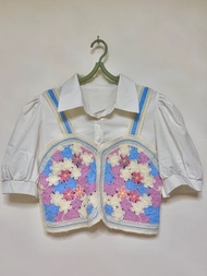 白色襯衫配鉤針編織背心