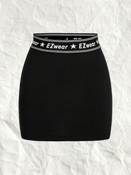 SHEIN EZwear 黑色針織緊身迷你裙帶有字母提花運動膠帶