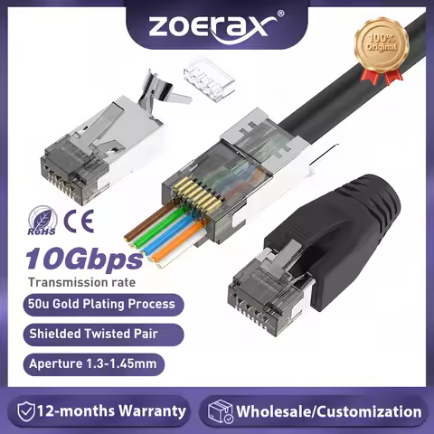 ZoeRax CAT6A CAT7 Connector, RJ45 Connectors Pass Through CAT6A CAT7 Shielded, 3-Prong with Strain R