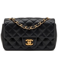 Chanel Black Quilted Caviar Mini Rectangular Classic Single Flap Aged Gold Hardware, 2016