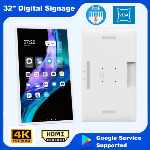 32 Inch UHD 4K Android 14 Tablet With 8-core CPU Landscape & Portrait POE Monitor Wall Mount White &