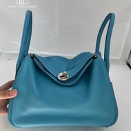 🌈Hermes🩵Lindy 26🩵北方藍色內拼綠色銀扣🌟97.5新🌟Swift皮🌟愛馬仕🌟