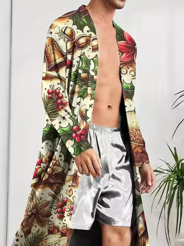 3D Digital Printed Men's Fun Sleepwear Christmas Elements Quick Drying Casual Robe, Spring and Autum