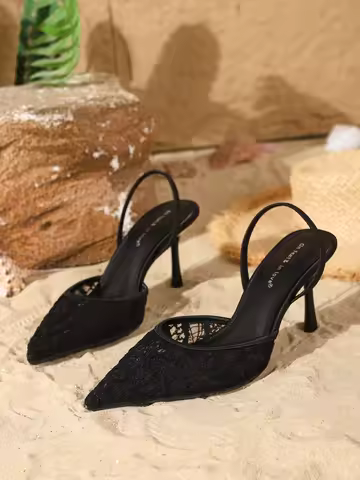 Elegant Black Lace Stiletto Heels - Sophisticated Ankle-Strap Heels
