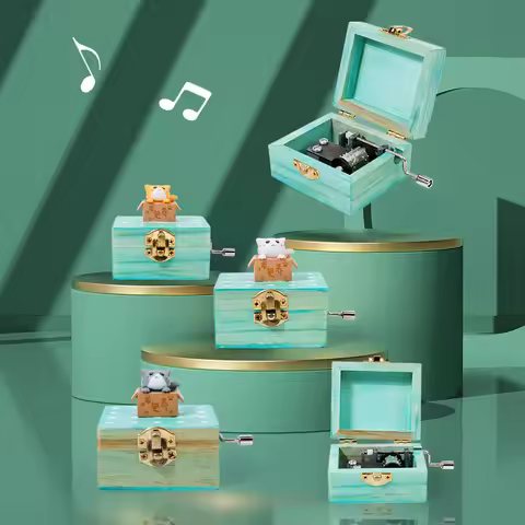 Birthday holiday gift cute cartoon cat wooden hand-cranked music box. Blue Sky City Music Box