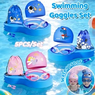 5Pcs Kids Swimming Goggles Set with Stretchable Cap Protective Waterproof Goggles for Swimming Kids 