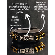 9-Eye Dzi with Black Mantra Lucky Charm bracelet with adjustable leather strap feng shui.