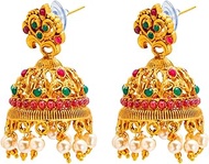 Traditional Indian Handcrafted Multicolor Stone Design Antique Gold Plated Kundan Polki Temple Jewellery Jhumka OM Design Earring For Women (SJ_1941), Brass, Cubic Zirconia
