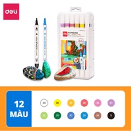 Bút Sơn Acrylic Marker 2 Đầu Cao Cấp Deli - Kèm Hộp Nhựa - 12/24/36/48 Màu Đậm Đều -Tô Màu Đi Nét DI