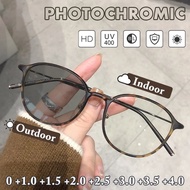 Trendy Photochromic Reading Glasses Women Anti Blue Light Far-sighted Eyeglasses Retro Round Frame Color Changing Sunglasses Presbyopia Graded From +1.0 to +4.0