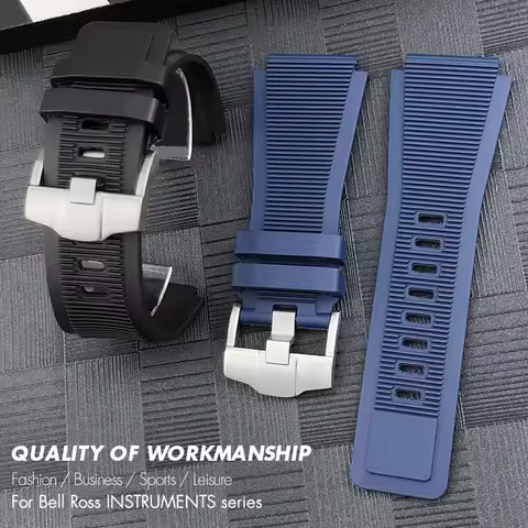24mm Convex Rubber Watchband for Bell Ross BR 01 03 Sport Diving Watch Strap Black Blue Waterproof B