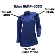 BAJU KORPORATE PEREMPUAN DENIM TERBARU BIRU PIPING PUTIH (FD-936Q) PANJANG JENAMA MR.2 TAHUN 2025