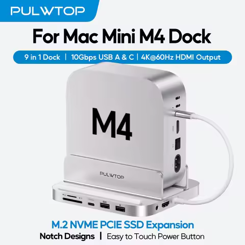 PULWTOP 9 in 1 Aluminum Vertical USB-C Hub for Mac Mini M4 Pro Hub Stand, 2xUSB-A 2.0, 3.5mm Audio, 